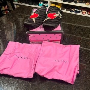 Gucci Womens Satin Quilted Dagger & Heart Mules Black Red Size 38.5